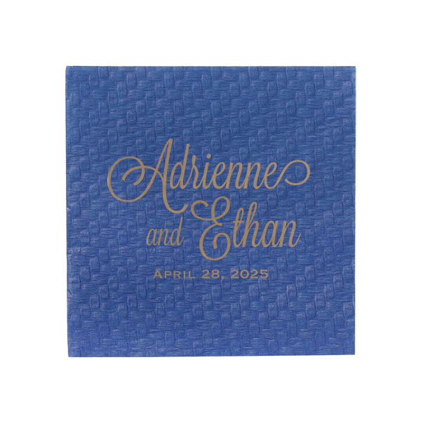 The Elegant Names Flourish Script Wedding Napkin features the couple's names in a stunning, elegant script, dramatically enhanced by ornate flourishes on the first initials. Below, in a subtle contrast, the event date is neatly presented in small, all-caps block letters, completing this elegant and dramatic design.
