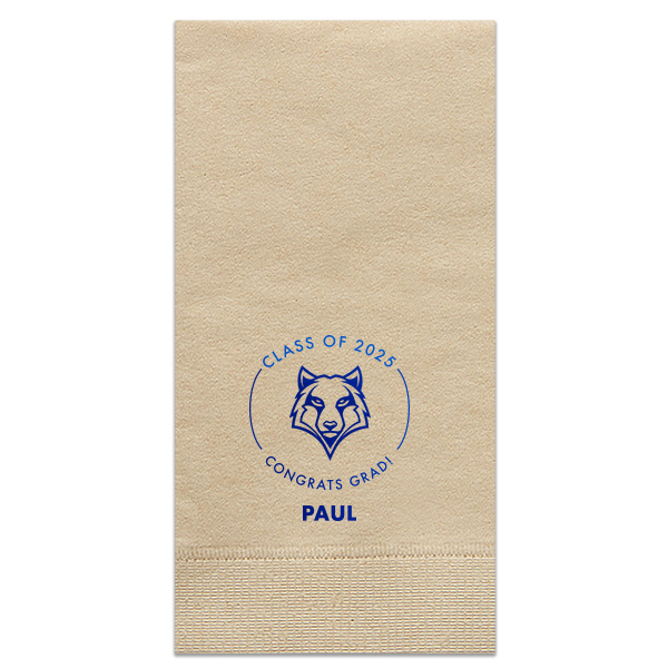 ForYourParty's personalized Sand Luncheon Napkin with Shiny Royal Blue Foil has a Wolf Mascot graphic and is good for use in Animals, Graduation themed parties and will impress guests like no other. Make this party unforgettable.