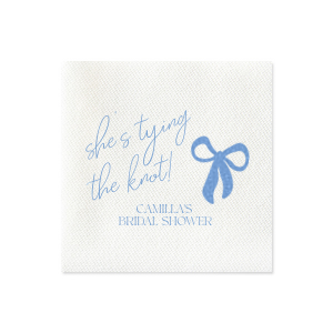 Celebrate the bride-to-be with the Modern Bow Bridal Bliss Napkin, elegantly displaying "She's tying the knot" in a lovely script above her name, all accentuated by a chic bow design. An exquisite choice for adding a personalized touch to any bridal shower.
