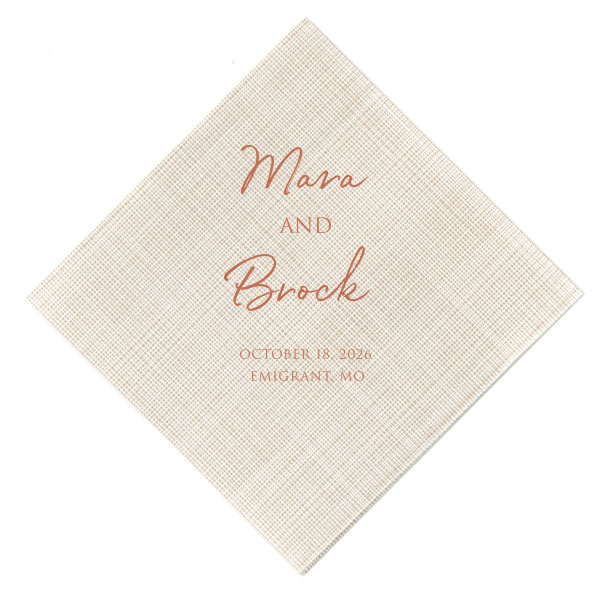 Embrace timeless elegance with the Traditional Script Name Date Location Wedding Napkin. Featuring the couple's names, event date, and location in classic script, this design adds a sophisticated touch to any wedding setting, creating a cherished keepsake that commemorates your special day.