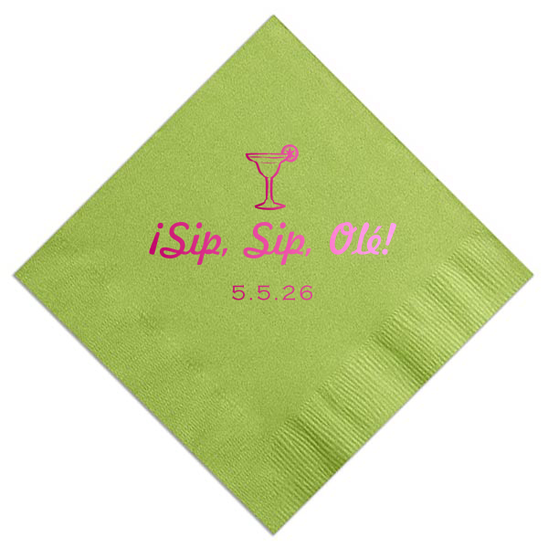 Add a twist of lime to your fiesta with the Sip, Sip, Olé! Margarita Napkin. Featuring a vibrant margarita glass, this napkin invites guests to clink glasses and savor the celebration, with space for a personalized touch that says 'salud' to fun!"