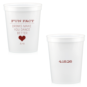 The ever-popular White 22 oz Stadium Cup with Matte Amethyst Ink Screen Print has a Heart Solid graphic and a Mr & Mrs Bottles graphic and is good for use in Wedding themed parties and can't be beat. Showcase your style in every detail of your party's theme!
