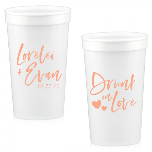 Our custom White 16 oz Stadium Cup with Matte Light Coral Ink has a Hearts 2 graphic and is good for use in Wedding, Hearts themed parties and can be personalized to match your party's exact theme and tempo.