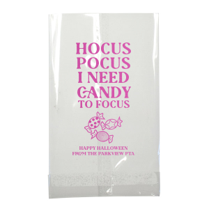 Spooky season is upon us, and the Hocus Pocus Focus Bag is ideal for your Halloween parties or school events. Featuring the phrase "hocus pocus I need candy to focus" above a graphic of candy, you can personalize with your name and fill with the candy of your choice!