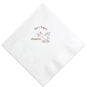 Celebrate your nuptials with the Pawfect Pair Wedding Napkin, featuring a joyous illustration of a dog in mid-leap above a grassy knoll, surrounded by a sprinkle of sparkles. Personalize with the couple's names arched above this heartwarming scene, symbolizing the playful spirit and boundless love of your special day.