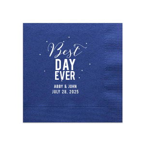 The Best Day Ever Name Confetti Napkin bursts with celebratory energy. A jubilant "best day ever" sets the tone, and streaming confetti dots enliven the design. The couple's names and the celebration date below ground this exuberant expression. 