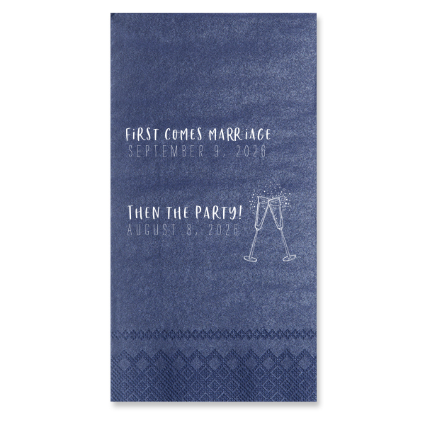 Personalized Navy Cocktail Napkin with Matte White Foil has a Flutes graphic and is good for use in Drinks, Wedding, Holiday themed parties and will make your guests swoon. Personalize your party's theme today.