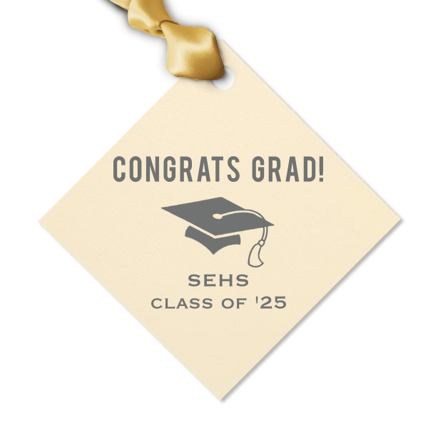 Personalized Natural Leaf Diamond Gift Tag with Shiny 18 Kt Gold Foil has a Cap graphic and is good for use in Graduation themed parties and can be personalized to match your party's exact theme and tempo.
