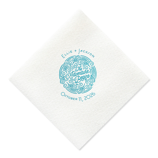 Add the perfect touch to your bar, dessert table or appetizers with this Adventure Begins personalized Ivory napkin. Pair your names and date with our Adventure Badge for a seamless detail in your outdoor themed wedding. 