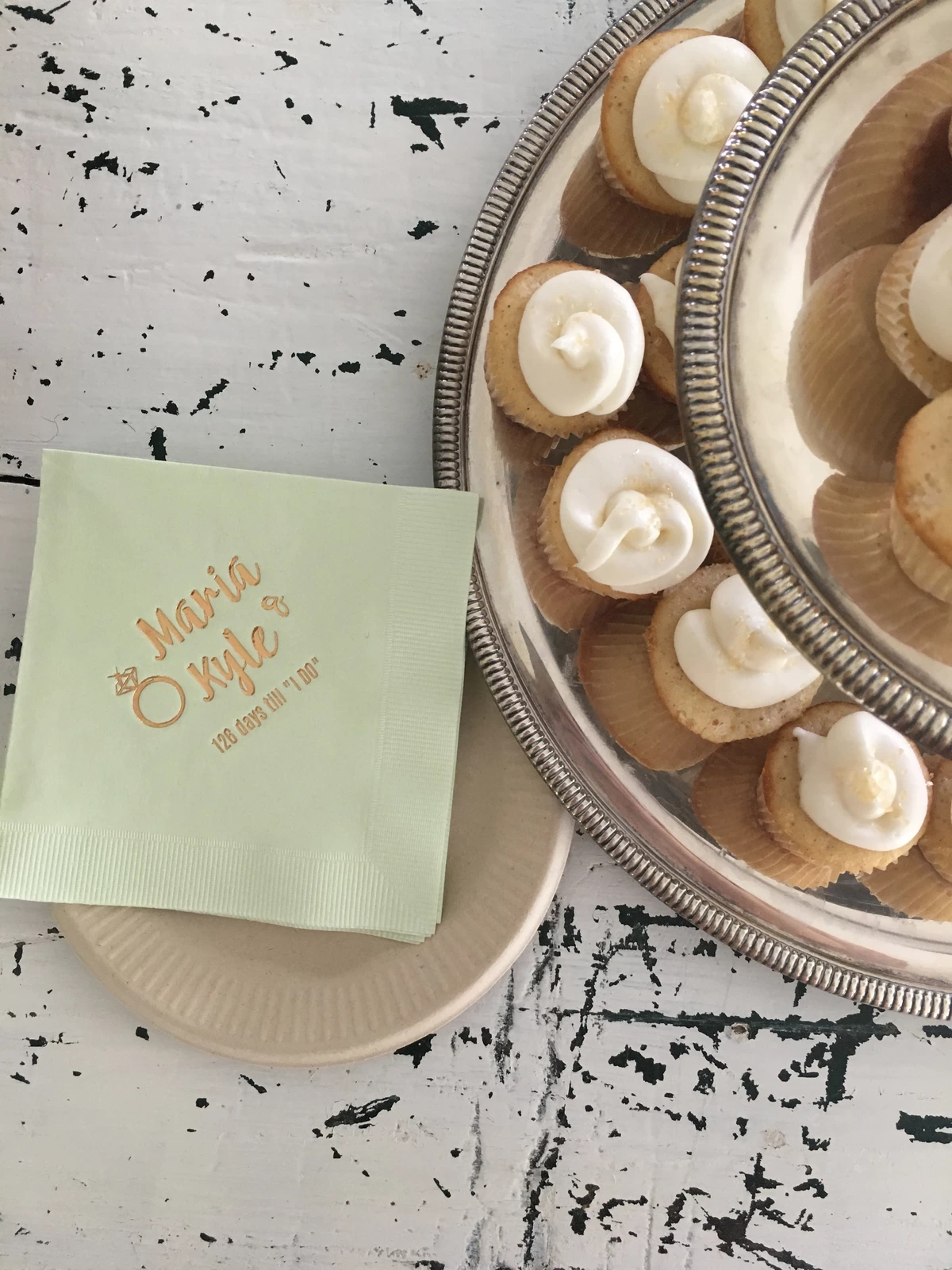 personalized mint cocktail napkin with copper foil for the bridal shower dessert table