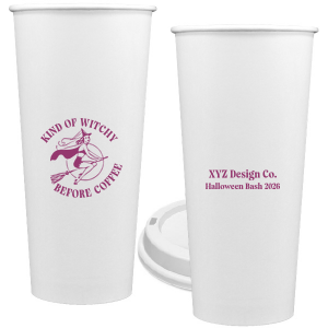 Serve a spooky brew in our Kind Of Witchy Cup. The devilish design features a broom riding witch with customizable text. Sure to make splash at your event or business!