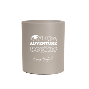 Celebrate the grad with And The Adventure Begins Can Cooler. This custom party favor can be personalized with the graduate's name in an elegant script font. This can cooler is perfect for graduation parties.
