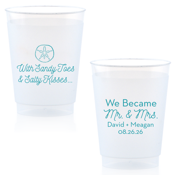 Bring your wedding party to the beach! With our Sand Dollar graphic, cute saying and script font, these blue napkins will. Customize with your names for festive wedding barware that can double as personalized party favors. 