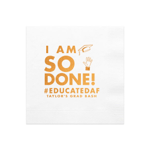 Custom White Luncheon Napkin with Shiny Copper Foil has a Grad Cap Toss graphic and is good for use in Graduation themed parties and will give your party the personalized touch every host desires.