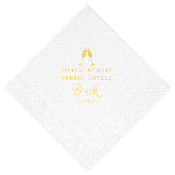 Embrace the effervescent spirit of celebration with the Bubbly Lovely Napkin design, featuring a charming graphic of champagne flutes mid-toast. Boldly declared, "SIPPIN BUBBLY" and "FEELIN LOVELY," encapsulate joy, while the couple's elegantly scripted initials and date add a refined touch to this bubbly, jubilant design.