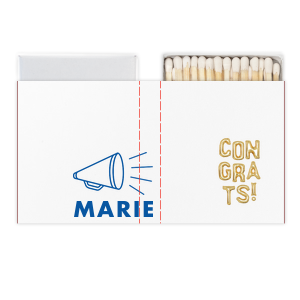 Our custom White Classic Custom Photo Matchbox with Matte Royal Blue Ink Digital Print Colors has a Megaphone graphic and is good for use in Kid Birthday, Graduation, Sports themed parties and will give your party the personalized touch every host desires.