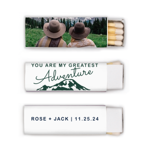 ForYourParty's chic White Classic Custom Photo Matchbox with Matte Spruce Ink Digital Print Colors and Matte Navy Ink Digital Print Colors has a Greatest Adventure graphic and is good for use in Wedding, Travel, Words themed parties and will look fabulous with your unique touch. Your guests will agree!