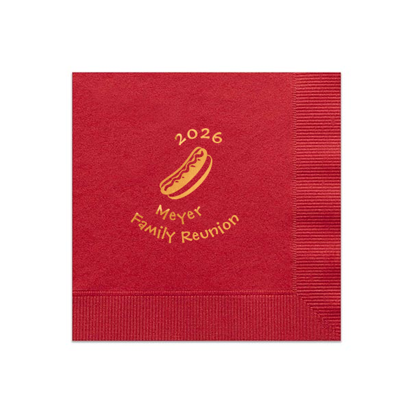Gather 'round the grill with the Family Reunion Hot Dog Napkin, where a whimsical hotdog illustration sets the stage for fun. 'Family Reunion' adds playful flair, while space for your date and name personalizes your kin's festive feast.