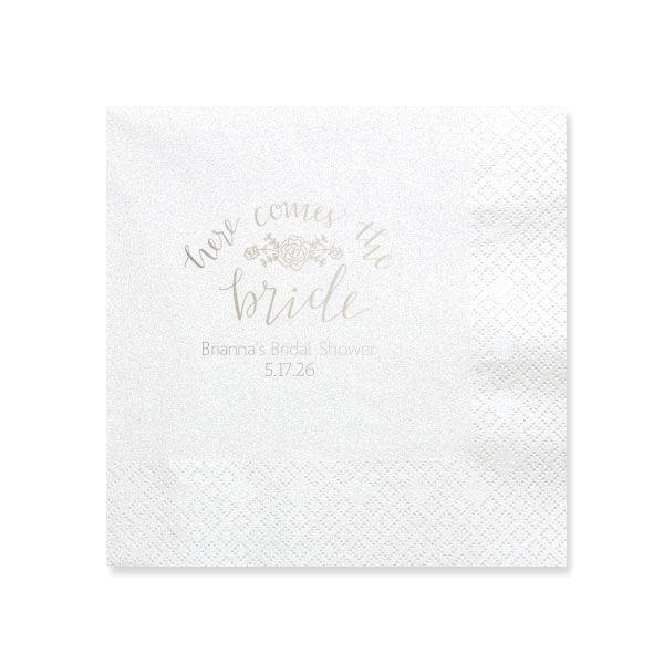 ForYourParty's personalized Marble Sand Cocktail Napkin with Shiny Amethyst Foil Color has a Here Comes the Bride 3 graphic and is good for use in Words themed parties and can't be beat. Showcase your style in every detail of your party's theme!