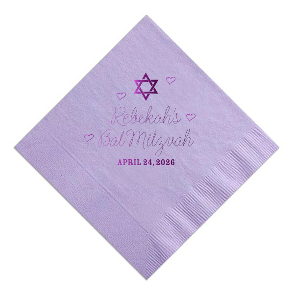 Embrace tradition with a touch of love on the Hearts Bat Mitzvah Napkin, featuring a Star of David amid a cascade of hearts. The celebrant's name and 'Bat Mitzvah' in graceful script, followed by the event date, add a personal flourish to this momentous celebration.