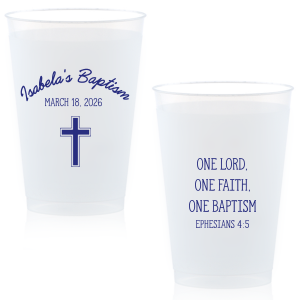 Celebrate your special occasion with our personalized party cup, perfect for baptisms or other Christian gatherings. This elegant cup is designed with a prominent cross graphic, symbolizing faith and spirituality. Featuring room for name and date personalization, this cup creates a memorable keepsake for guests.
