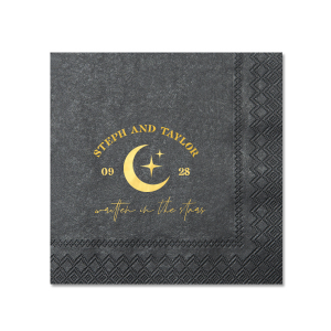 Set a celestial stage for your nuptials with the Celestial Matrimony Napkin, displaying the couple's names arched above a moon and stars, framed by the wedding date, and finished with the romantic phrase "Written in the Stars." A heavenly touch for your star-crossed celebration.