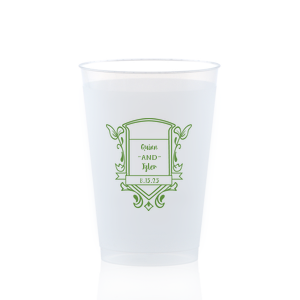 ForYourParty's personalized Matte Army Green Ink 12 oz Frost Flex Cup with Matte Army Green Ink Cup Ink Colors has a Crest Regal graphic and is good for use in Floral, Wedding themed parties and can't be beat. Showcase your style in every detail of your party's theme!
