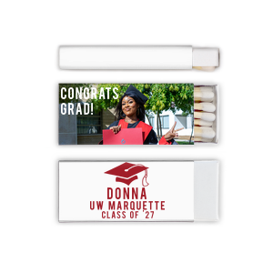 ForYourParty's personalized White Classic Custom Photo Matchbox with Matte Black Ink Digital Print Colors and Matte Red Berry Ink Digital Print Colors has a Cap graphic and is good for use in Graduation themed parties and couldn't be more perfect. It's time to show off your impeccable taste.