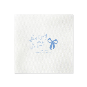 Celebrate the bride-to-be with the Modern Bow Bridal Bliss Napkin, elegantly displaying "She's tying the knot" in a lovely script above her name, all accentuated by a chic bow design. An exquisite choice for adding a personalized touch to any bridal shower.