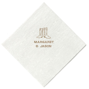 Step into matrimonial bliss with the Cowboy Boots Union Napkin, personalized with the couple's names beneath a charming graphic of a pair of cowboy boots. A perfect touch for a wedding with rustic charm or country flair.
