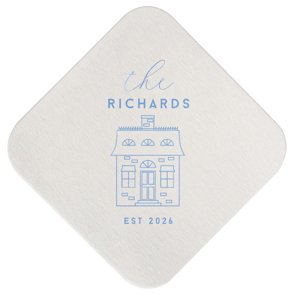ForYourParty's personalized White Square Coaster with Satin French Blue Foil has a Single House Outline graphic and is good for use in Home themed parties and can't be beat. Showcase your style in every detail of your party's theme!