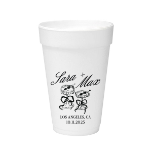 The Wedding Glass & Bow Cup is the must have trendy design for your one of a kind lifetime event. Featuring hand-drawn bows tied around champagne glasses alongside customizable text in the screen printed ink color of your choice to best pair with your party's vibe.