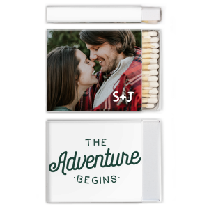 Our custom White Classic Custom Photo Matchbox with Matte White Ink Digital Print Colors and Matte Spruce Ink Digital Print Colors has a The Adventure Begins 2 graphic and is good for use in Words, Wedding, Anniversary themed parties and can't be beat. Showcase your style in every detail of your party's theme!