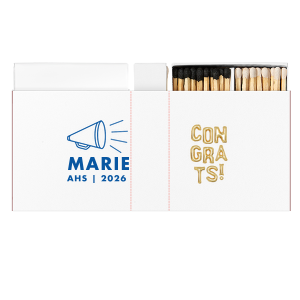 Our custom White Classic Custom Photo Matchbox with Matte Royal Blue Ink Digital Print Colors has a Megaphone graphic and is good for use in Kid Birthday, Graduation, Sports themed parties and will give your party the personalized touch every host desires.