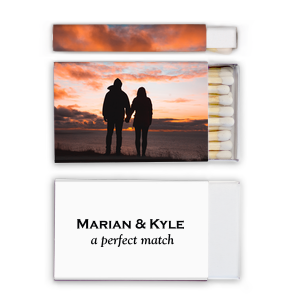 Our beautiful custom White Classic Custom Photo Matchbox with Matte Black Ink Digital Print Colors and Matte Fuchsia Ink Digital Print Colors will impress guests like no other. Make this party unforgettable.
