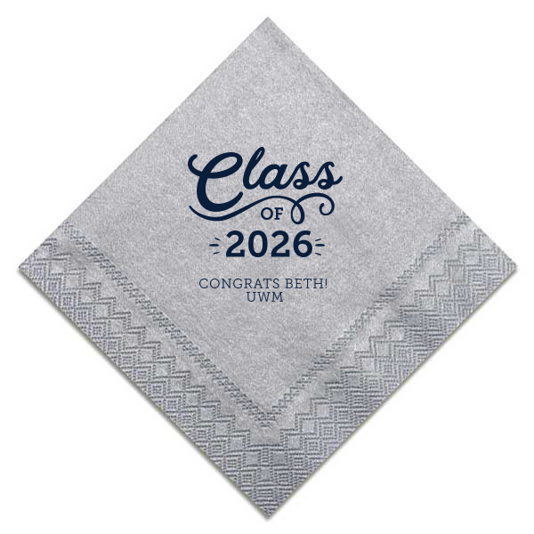The Swirly Class of Graduation Name Napkin design exudes celebratory energy. A playful, swirling script for "Class" and an expansive flourish underneath capture the joy of graduation. Congratulatory wishes and school initials below, accented with light beams, amplify this napkin's vibrant and spirited design.