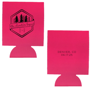 Kick off your lifelong adventure with the Adventure Begins Can Cooler. Featuring a pine tree-framed hexagon and a playful ribbon announcing "The adventure begins," this design captures the thrill of new beginnings. Perfect for couples ready to explore life together.