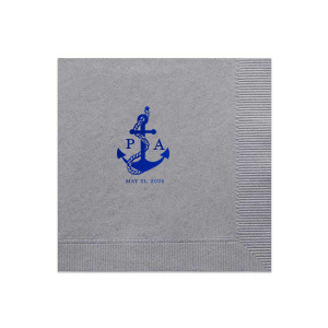 Anchors up for a good time! The Anchor Nautical Nuptial Napkin is a perfect addition to your next special party event. Featuring a foil stamped design of an anchor wrapped in rope above custom text, the design suites well for outdoor occasions and nautical themes.