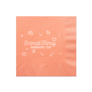 Our beautiful custom Peach Statement Cocktail Napkin with Matte White Foil has a Holiday Food Confetti graphic and is good for use in Holiday, Christmas, Thanksgiving themed parties and are a must-have for your next event—whatever the celebration!