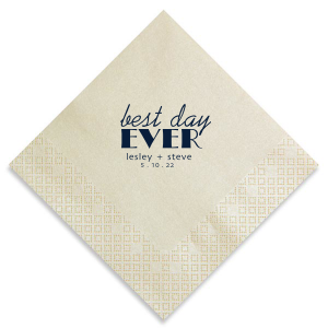 Celebrate your special day with the Best Day Ever Wedding Napkin. Featuring "Best Day" in simple script stacked over a bold, striking "EVER," this design makes a statement. With the couple’s names and date below, it exudes a classic yet contemporary charm that’s perfect for the modern wedding.

