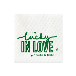 ForYourParty's chic Honeydew Cocktail Napkin with Shiny Leaf Foil has a Confetti Heart Lucky In Love graphic and is good for use in Wedding, Bridal Shower, and Engagement themed parties and can be customized to complement every last detail of your party.
