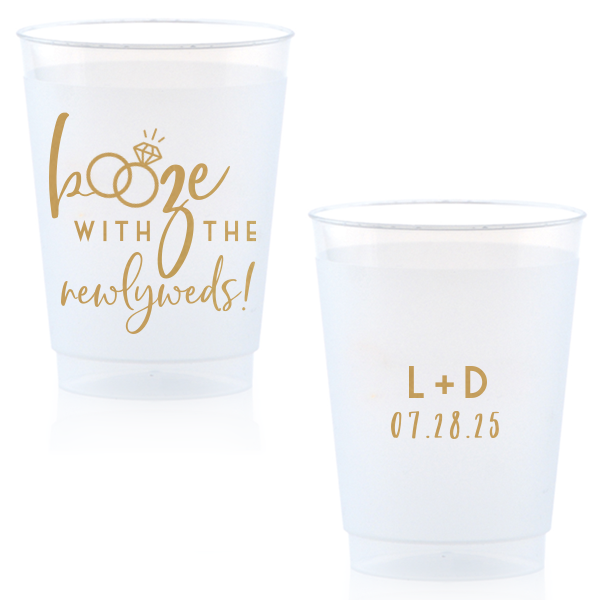 Personalized Gold Ink 14 oz Frost Flex Cup with Gold Ink Cup Ink Colors has a Wedding Rings 2 graphic and is good for use in Wedding themed parties and are a must-have for your next event—whatever the celebration!
