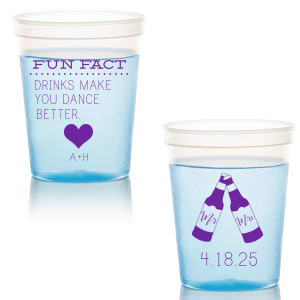 The ever-popular White 22 oz Stadium Cup with Matte Amethyst Ink Screen Print has a Heart Solid graphic and a Mr & Mrs Bottles graphic and is good for use in Wedding themed parties and can't be beat. Showcase your style in every detail of your party's theme!