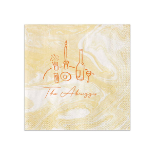 The Food, Family, Friends Napkin is perfect for holiday events and beyond. The quaint dinner graphic alongside the customizable text makes for a bespoke dinner accouterment. Pick out your choice of colors and you're set for an unforgettable time!