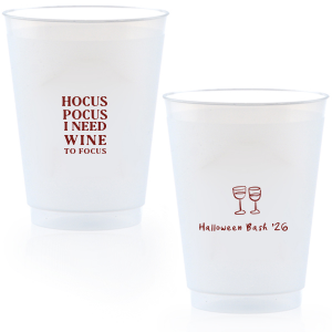 The Hocus Pocus Focus Cup is the ideal custom Halloween party accessory.  Featuring the phrase "hocus pocus I need candy to focus" and a modern and minimal graphic of wine glasses, you can personalize with your name, and the year. This chic Halloween accessory will be a hit at your autumnal events. 