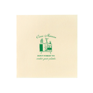 Welcome friends to your new abode with the Botanical Bar Cart Home Entertaining Napkin, adorned with a stylish bar cart and plant graphic and the gentle prompt "Don't forget to water your plants," all below your name or house title in a contemporary script. A charming and practical touch for your housewarming gathering.