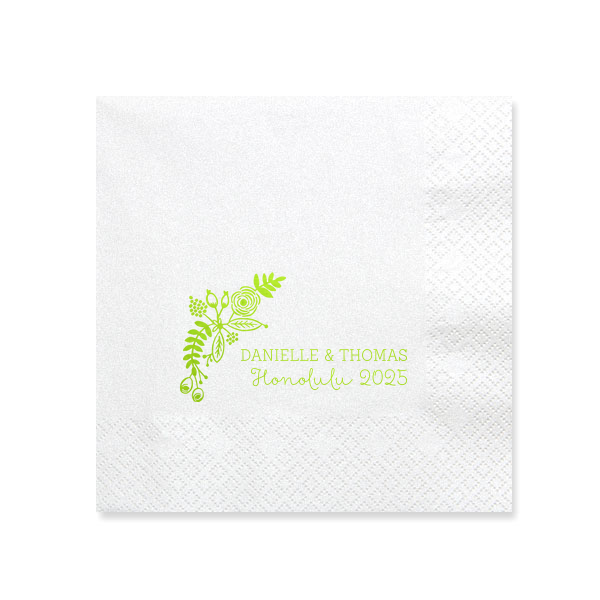 ForYourParty's chic Kiwi Cocktail Napkin with Matte White Foil has a Rustic Floral Accent graphic and is good for use in Floral themed parties and are a must-have for your next event—whatever the celebration!