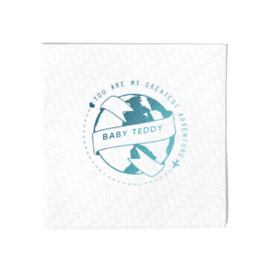 Embark on heartwarming journeys with the Greatest Adventure Napkin. Whether celebrating a newborn, spouse, or dear beloved, a globe wrapped in a personalized sash twirls tales of endless love. With airplanes and hearts soaring, every gathering maps out an adventure of the heart!