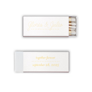 Our beautiful custom Stardream Crystal White Triangle Matchbox with Shiny 18 Kt Gold Foil can be customized to complement every last detail of your party.