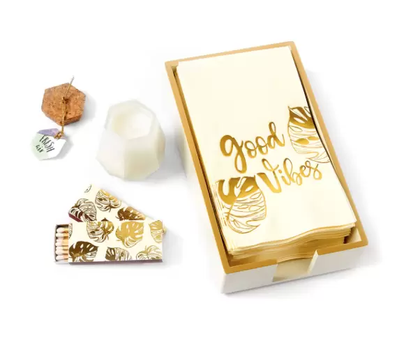 A deluxe Good Vibes Powder Room set includes: guest hand towels, a candle, an elegant towel tray, and candle matches!